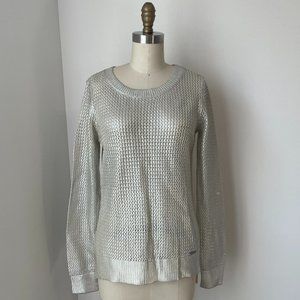 NWOT Michael Kors Metallic Silver Open Weave Sweater with Side Slits Christmas